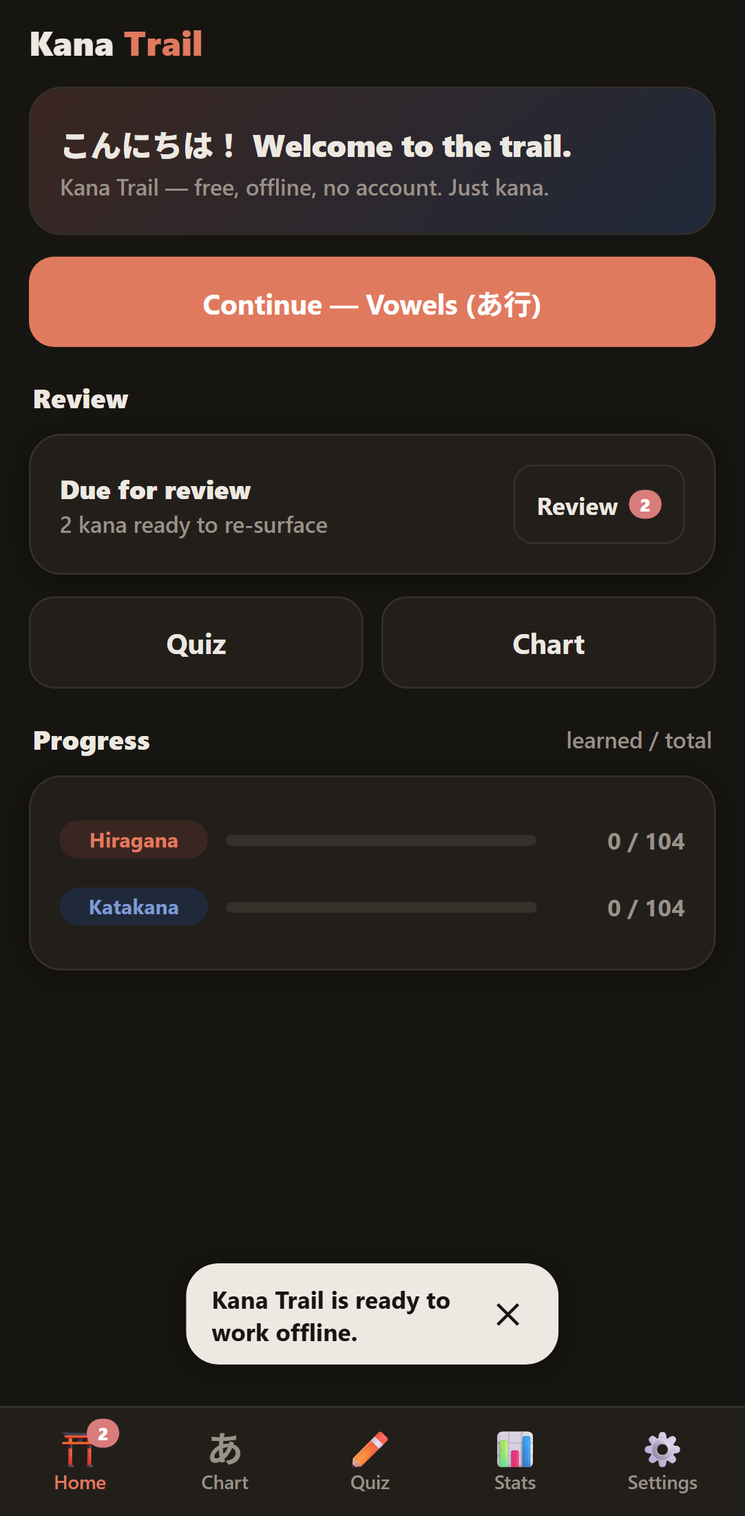 Kana Trail home screen in dark mode